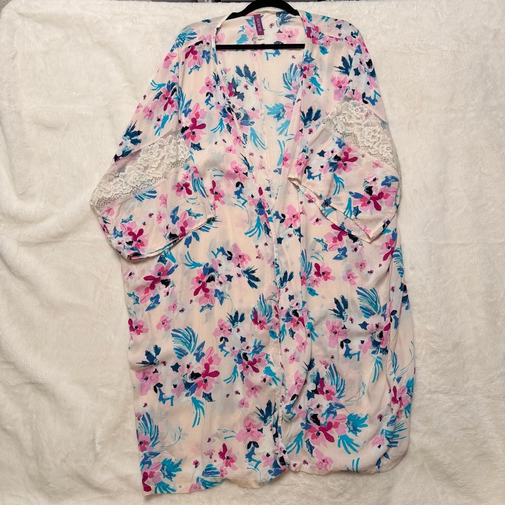 Adore Me 2X Floral Kimono Cardigan Lace Trim Cottagecore Boho Beach Cover Up - Picture 2 of 8
